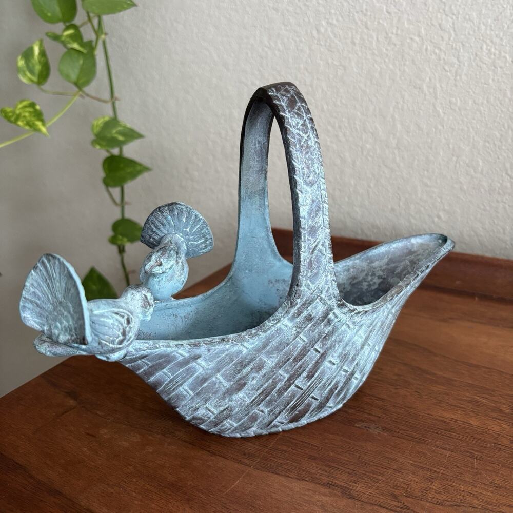 Vintage Bronze Metal Basket Weave Bird Planter Vase Catchall Bowl Ethan Allen